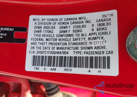 2016 Honda Civic Ex-T из США, поврежденный, VIN 2HGFC1F30GH647854